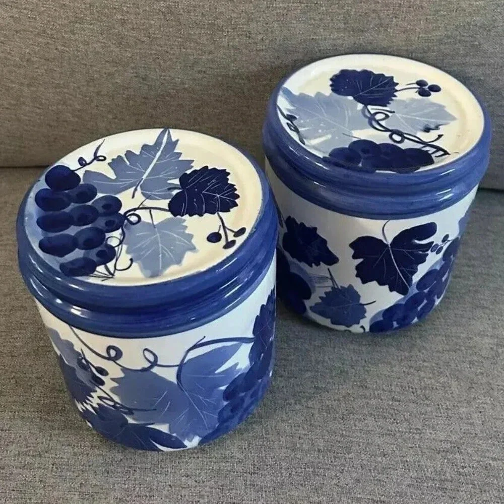 Pair of Hand Painted Blue & White Grapes & Vines Canisters + Lid